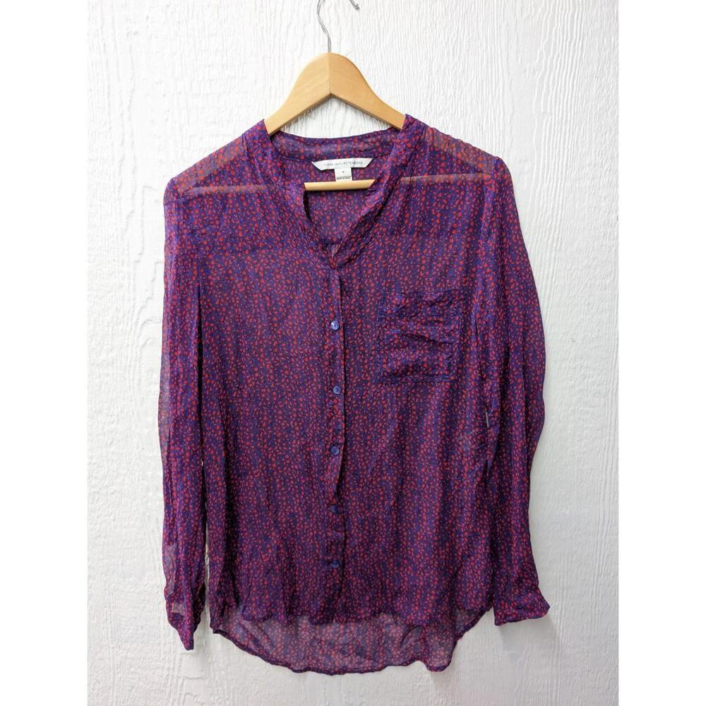 Diane Von Furstenberg 100% Silk Purple Red Sheer Button Down Blouse Top Size 8